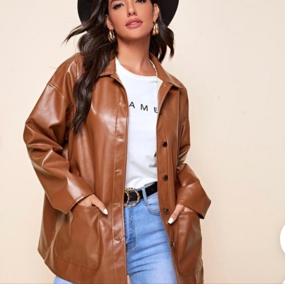 SHEIN Jackets & Blazers - SHEIN Faux Leather Jacket - Cognac Brown Oversized Shacket - XS